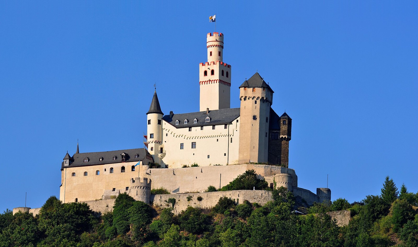 The Marksburg castle on a hill above Braubach on the Rhine