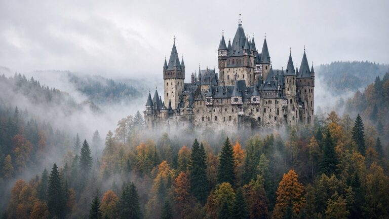 A medieval German castle with many towers rising from a forested valley