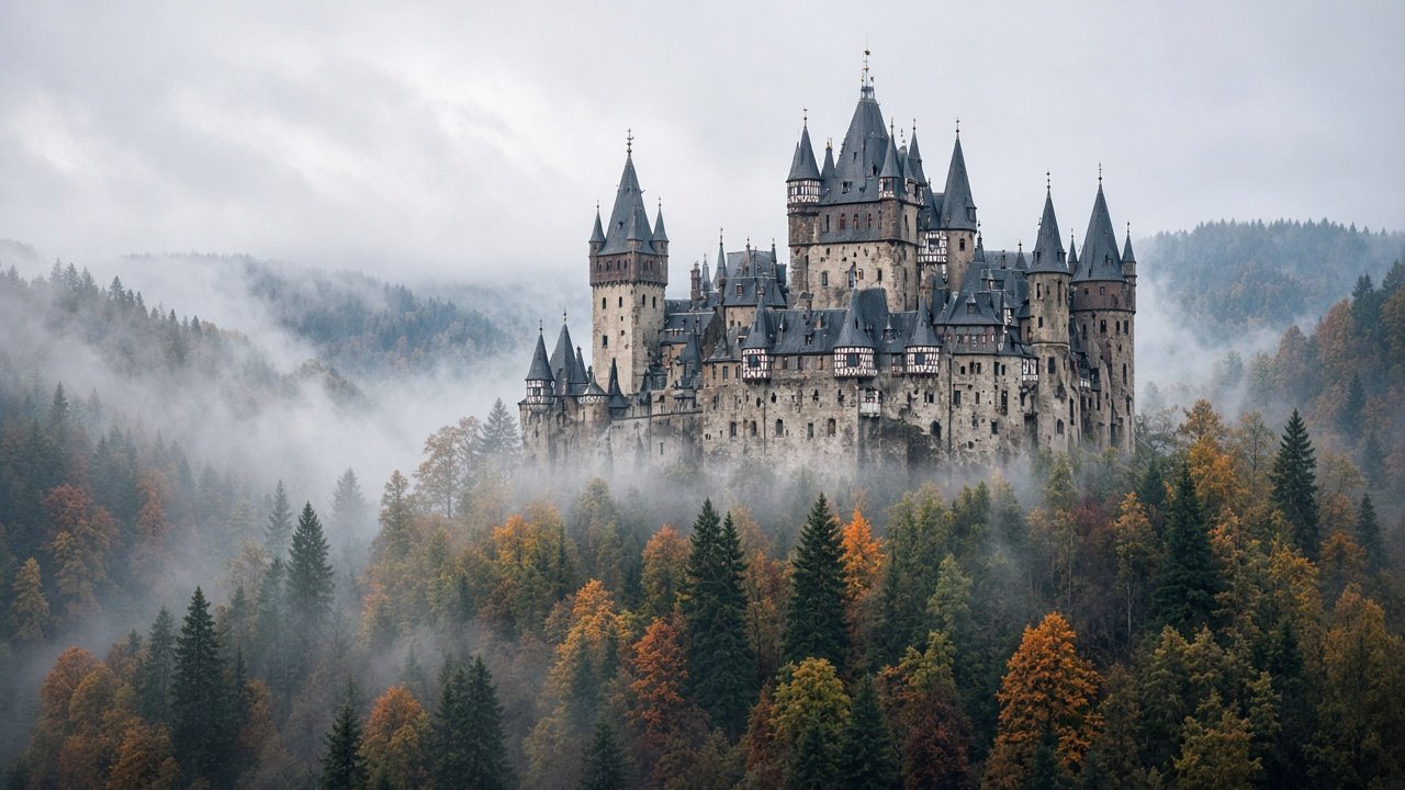A medieval German castle with many towers rising from a forested valley