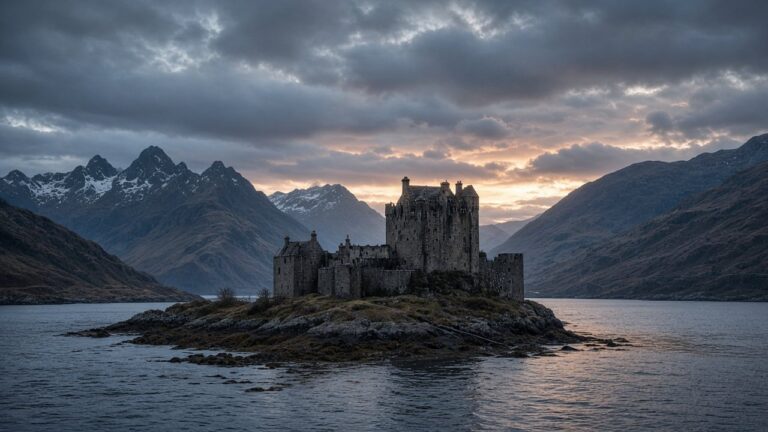 A medieval stone castle on a rocky island in a Scottish sea loch with mountains behind at dusk
