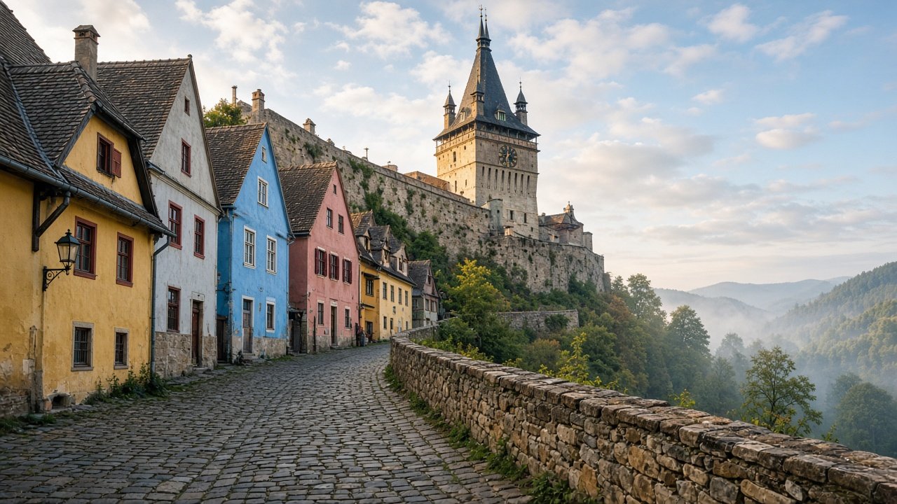 A medieval hilltop citadel with colourful houses and a tall clock tower