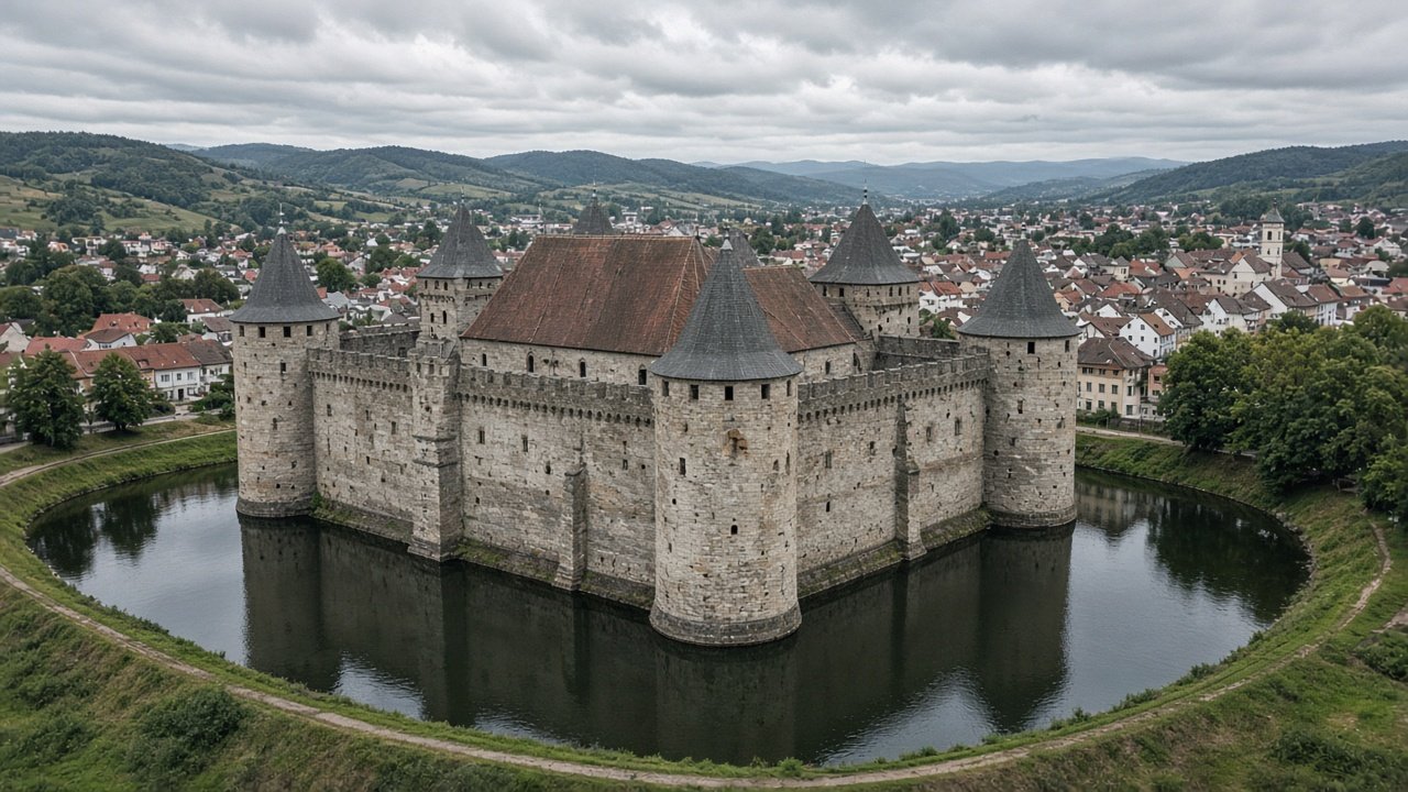 A large brick and stone fortress surrounded by a water-filled moat