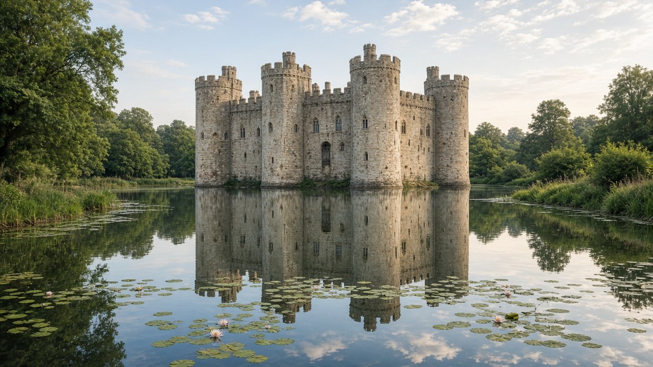 A square moated castle with round corner towers reflected in water with lilies