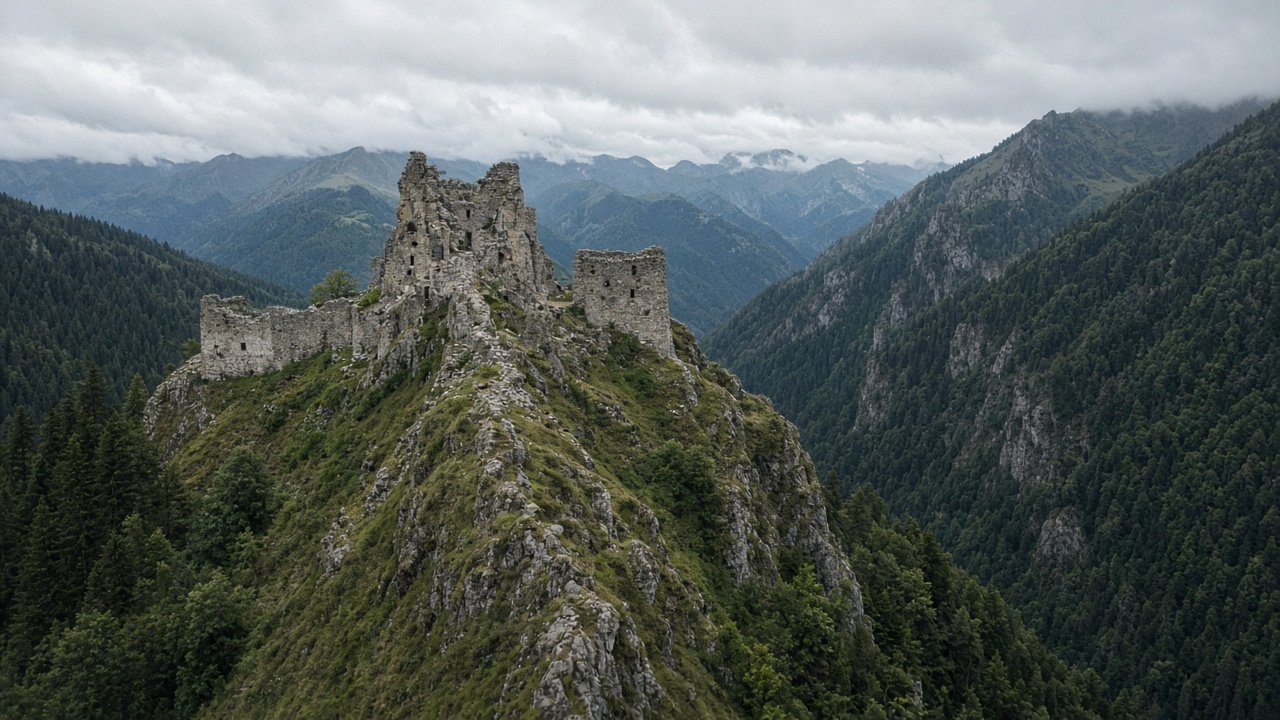 Ruins of a small fortress on a high mountain ridge in the Carpathians