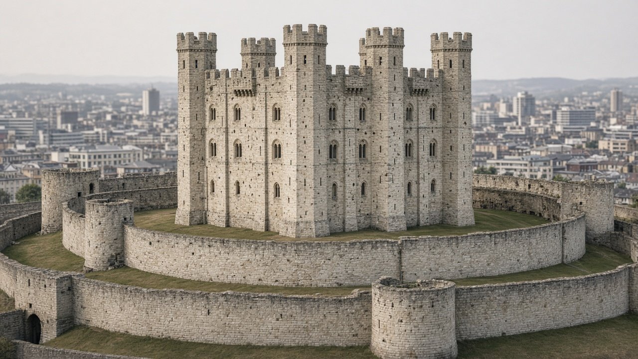 A pale stone Norman keep with four corner turrets inside castle walls in a city