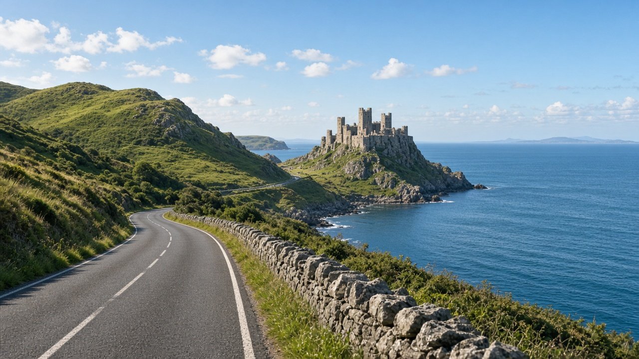 A coastal road winding past green hills towards a distant castle by the sea