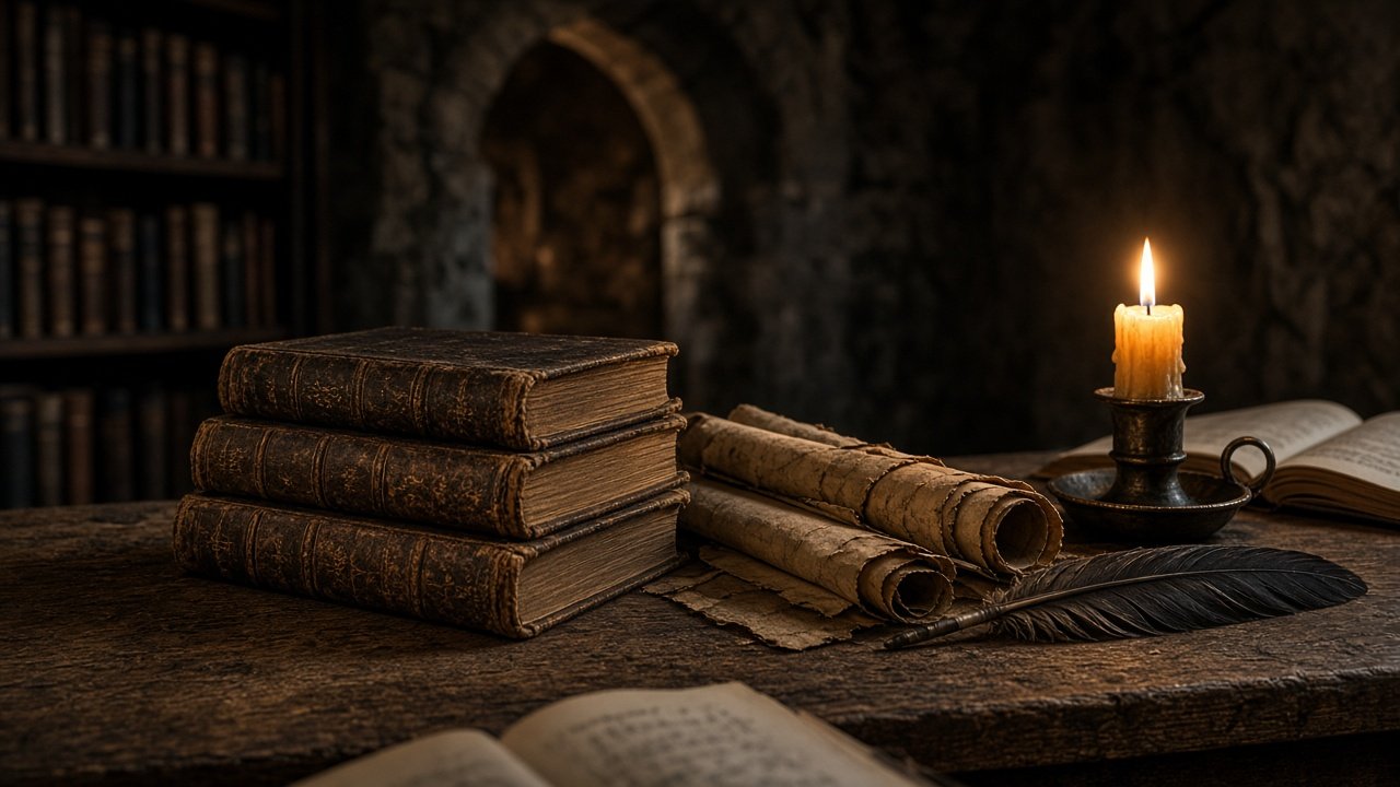 Old leather-bound books and rolled parchment by candlelight in a castle library