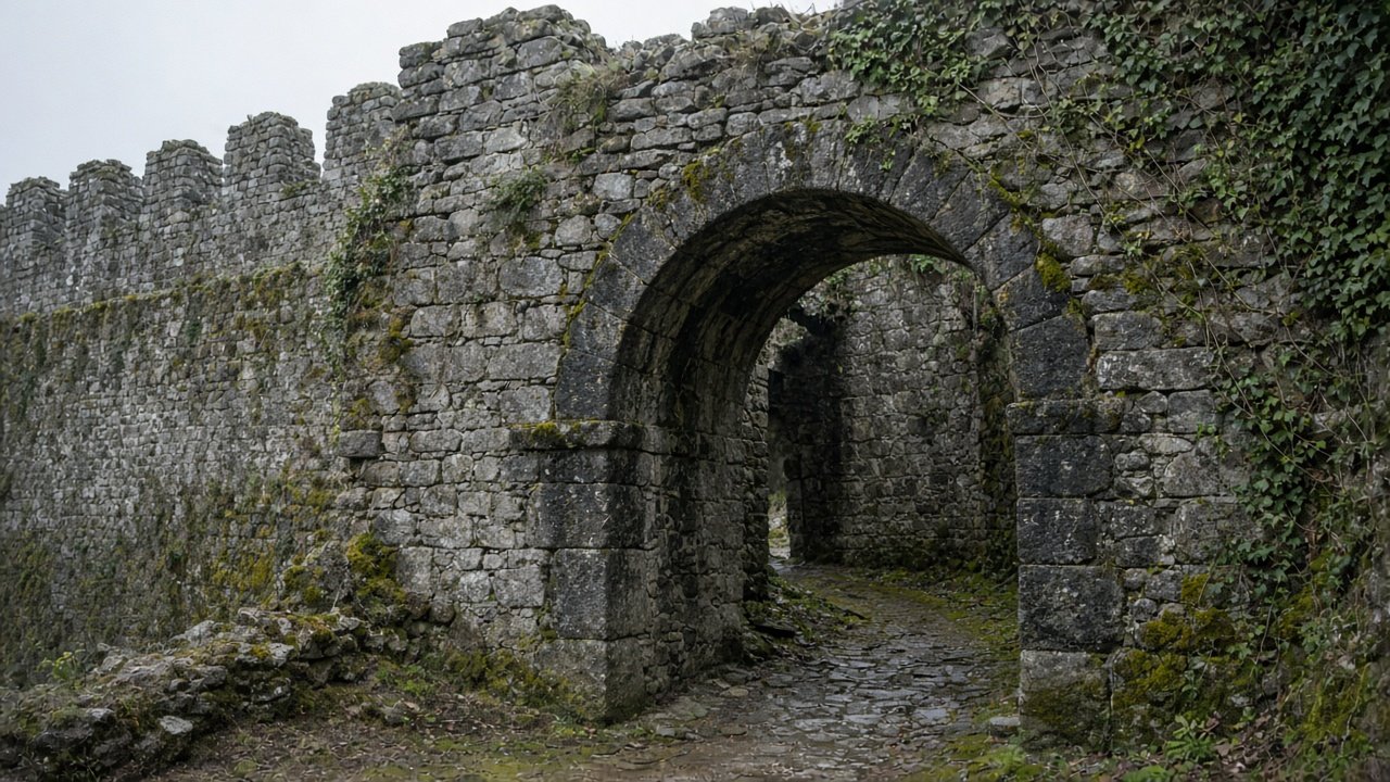 Weathered ancient stone castle walls and a round arch overgrown with moss and ivy