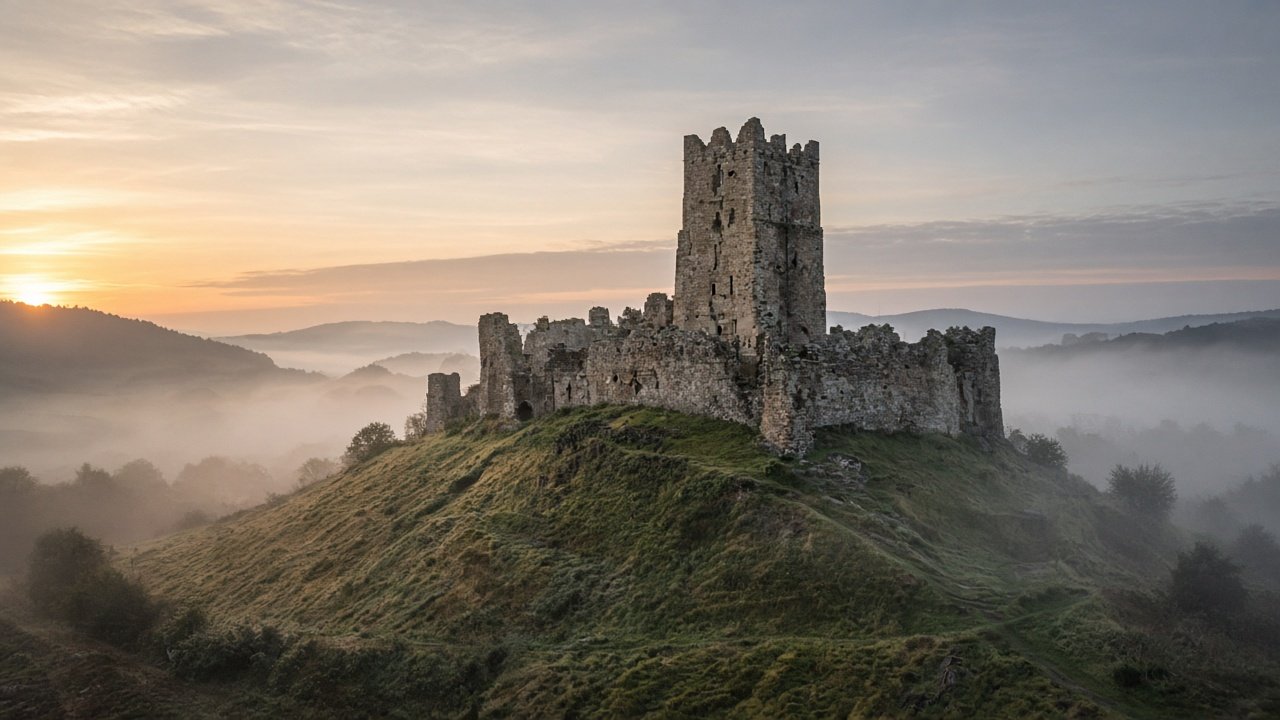 An ancient stone fortress with a square keep on a hill at sunrise