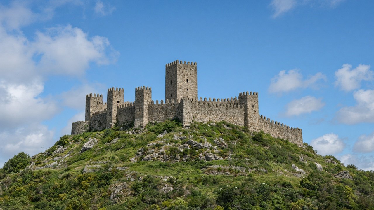 A granite medieval castle with crenellated towers on a hilltop in northern Portugal