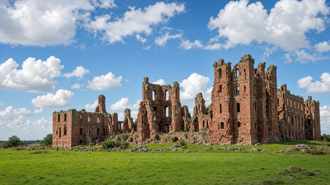 A vast red sandstone castle ruin with tall broken walls under a blue sky