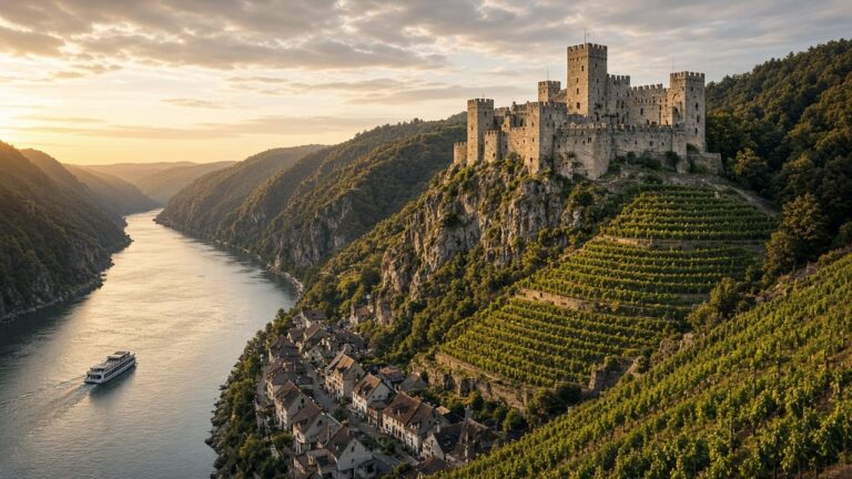 A castle above a river gorge with vineyards and a riverboat below