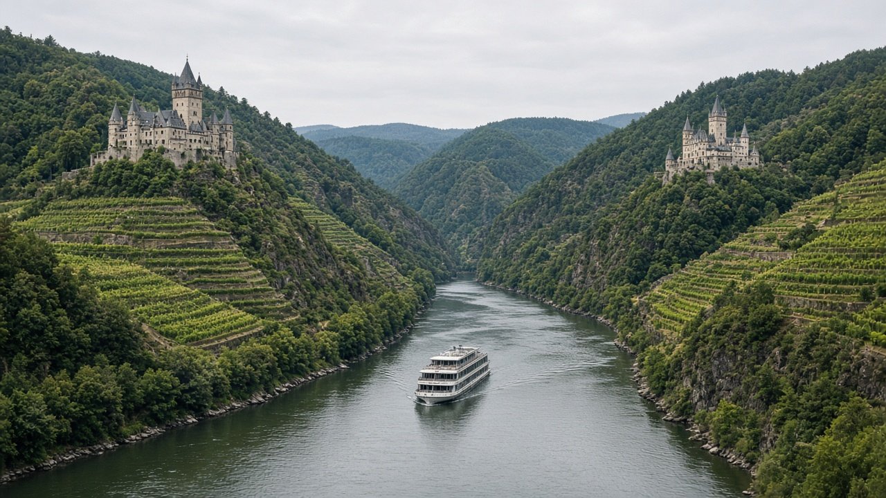 A white river cruise boat passing castles and vineyards in a river gorge