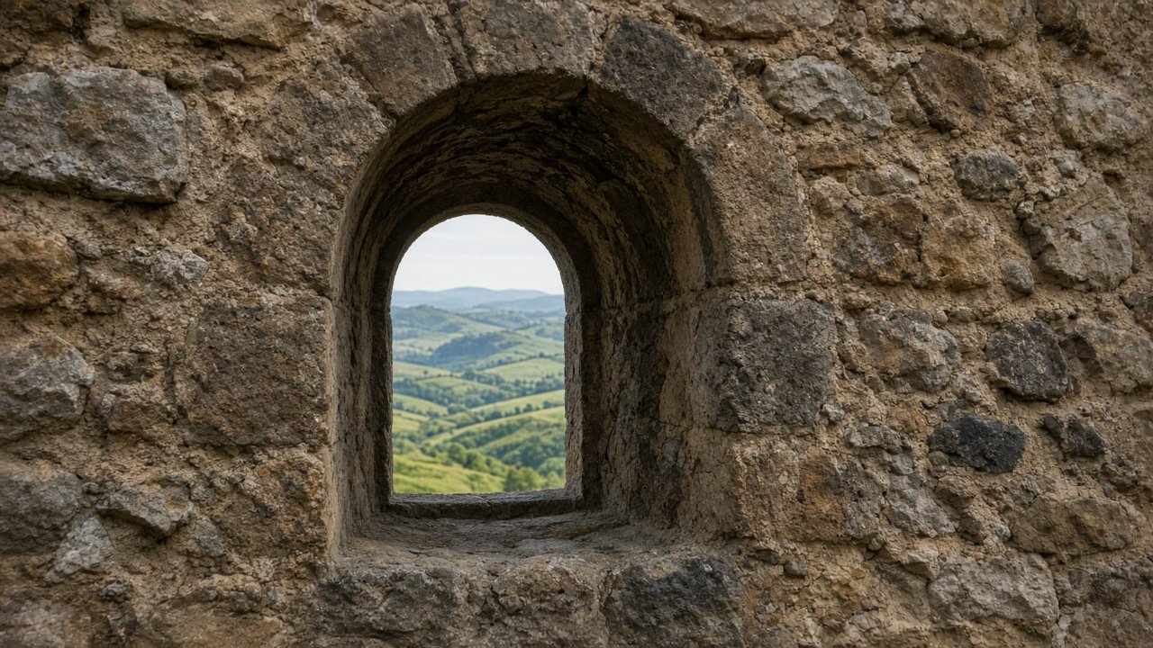 A small round-arched Romanesque window in a thick ancient stone wall