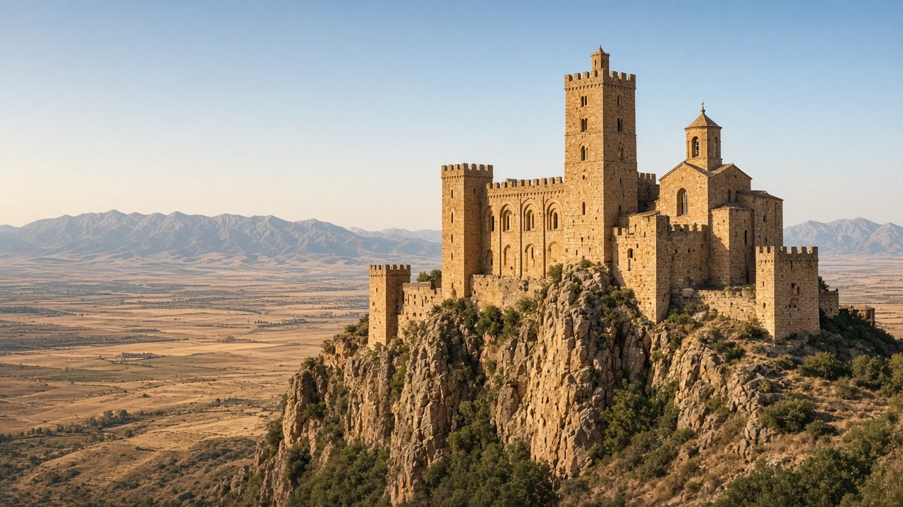 A golden stone Romanesque castle with towers built on a rocky outcrop above dry Spanish plains