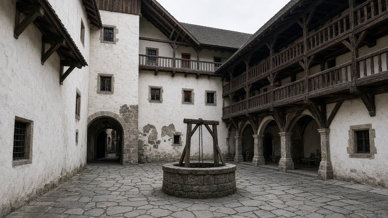 A small castle courtyard with white walls and wooden balconies in Romania