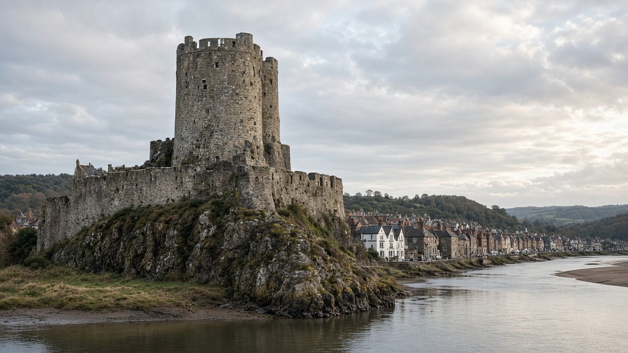 A huge round stone keep on a rocky promontory above a river