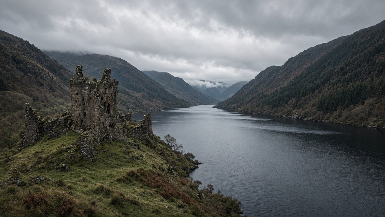 A ruined tower castle on a wooded shore beside a long dark Highland loch