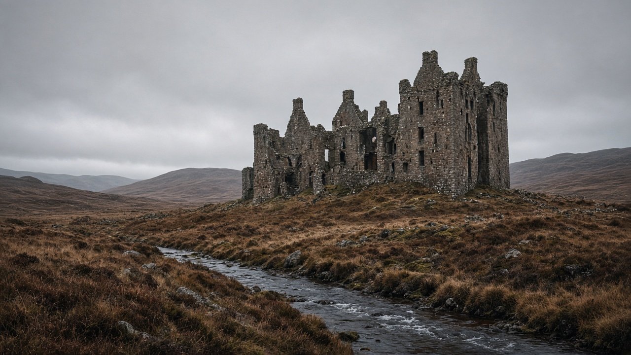 A massive roofless stone castle standing alone on bleak moorland in the Scottish Borders