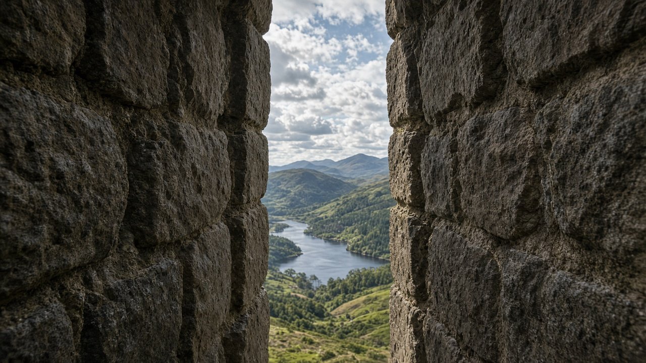View through a narrow stone arrow slit window of a Scottish castle towards green hills