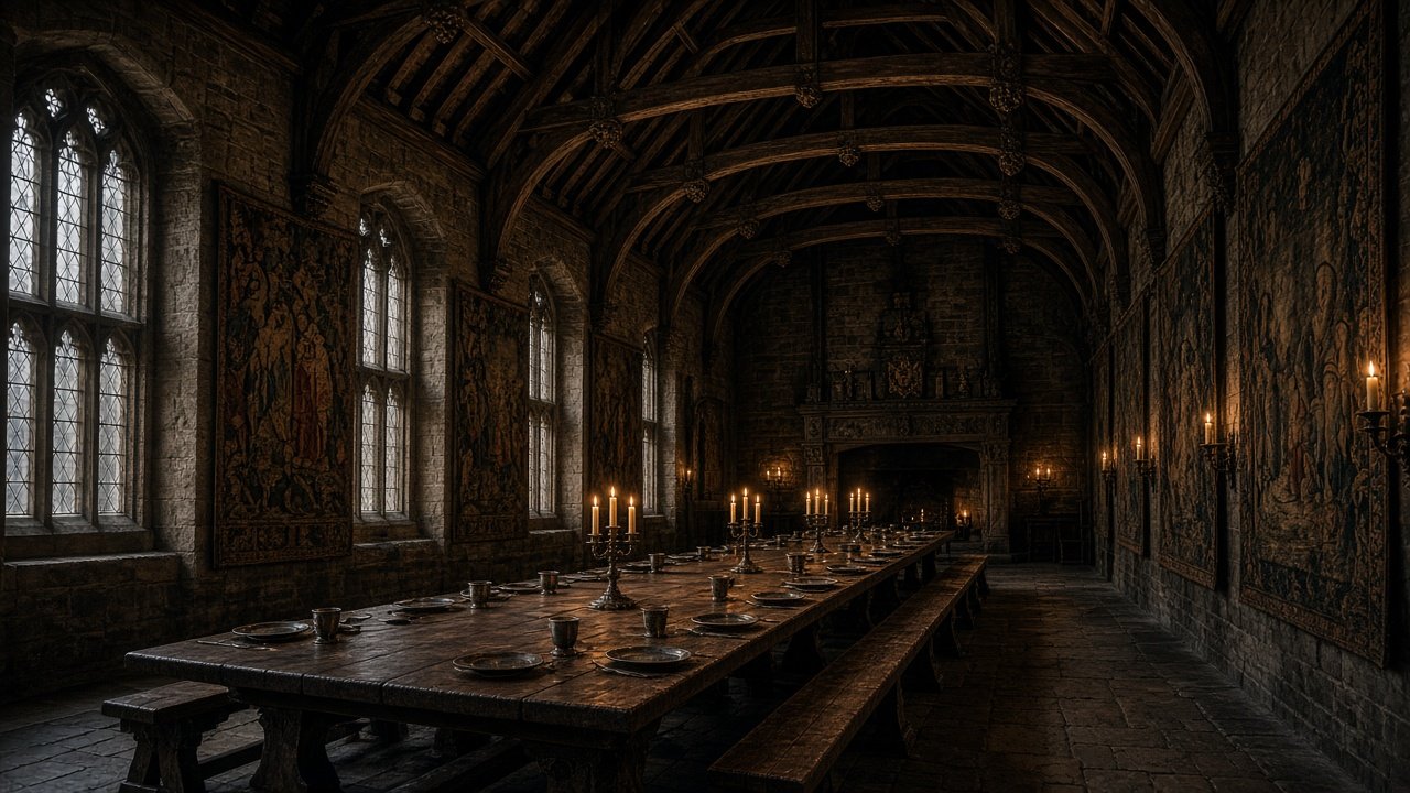 An empty candlelit great hall with a long oak banquet table inside a medieval Scottish castle