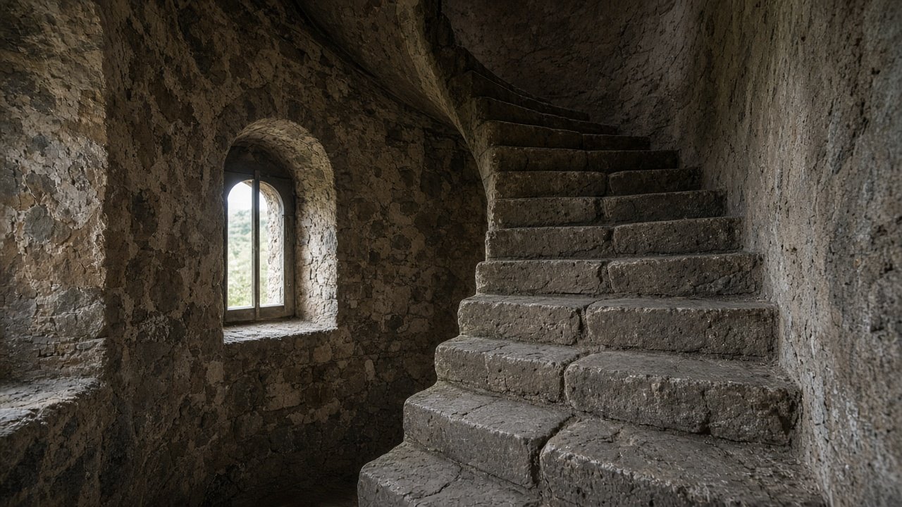 A worn stone spiral staircase winding up inside a medieval Scottish castle tower