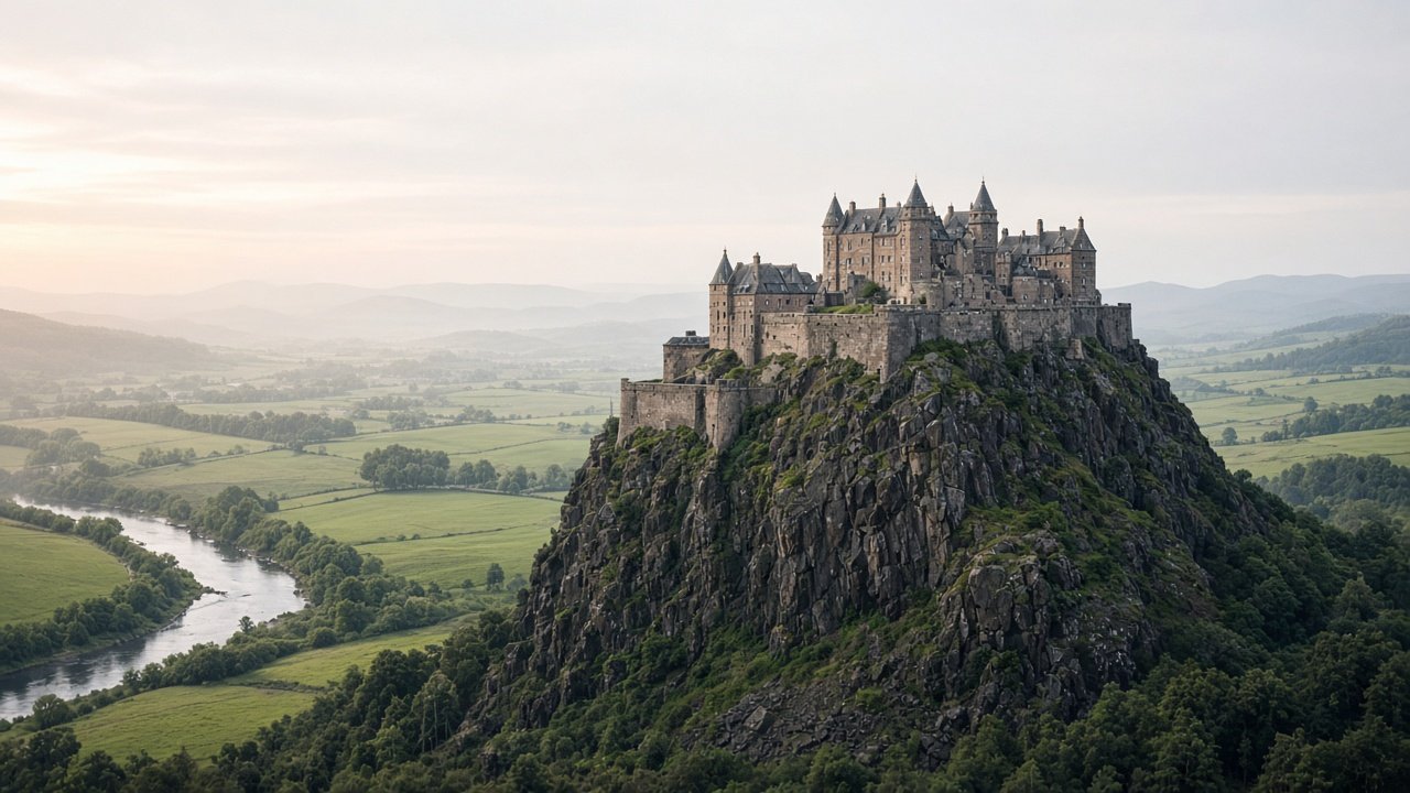 A royal stone castle on a high volcanic crag above a green plain in central Scotland