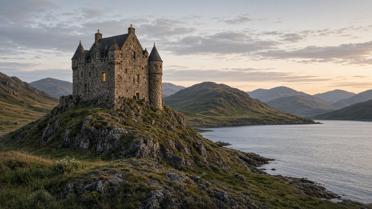 A restored stone tower house castle on a rocky point beside a sea loch on the west coast of Scotland at dusk
