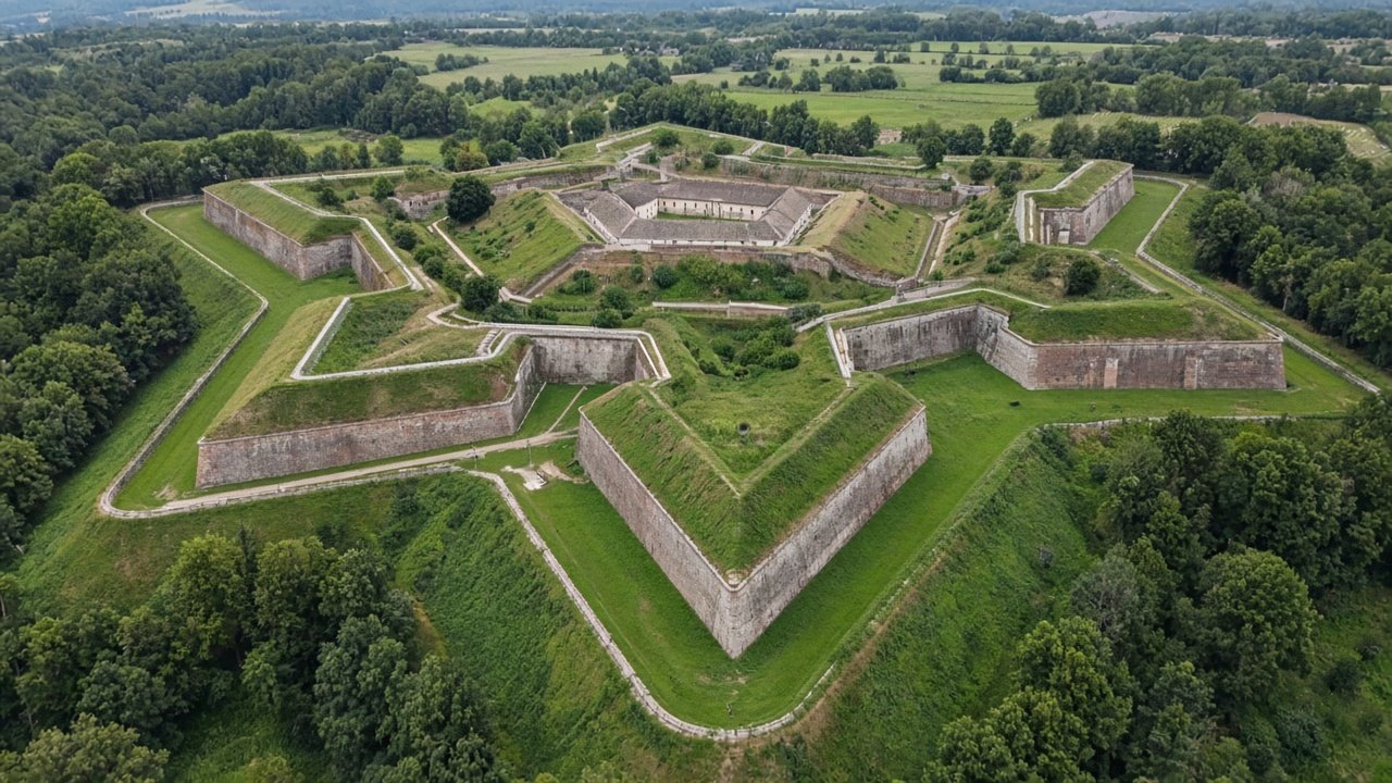 Aerial view of star-shaped fortress bastions with grassy ditches