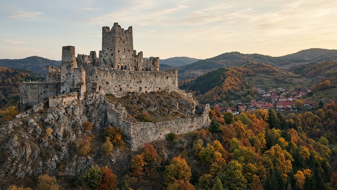 A ruined stone fortress on a rocky hilltop above autumn forests and a village in Transylvania