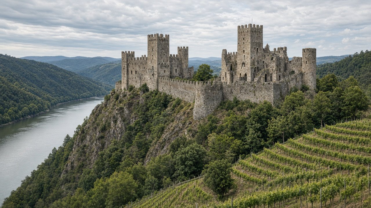 Two neighbouring castles on a ridge separated by a stone wall