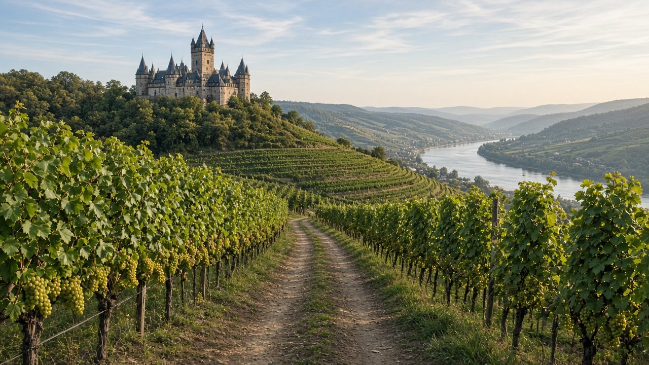 A path through vineyards with a view of a castle above the river