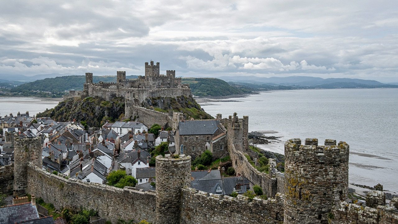 A walled medieval town with towers and a castle beside an estuary in North Wales