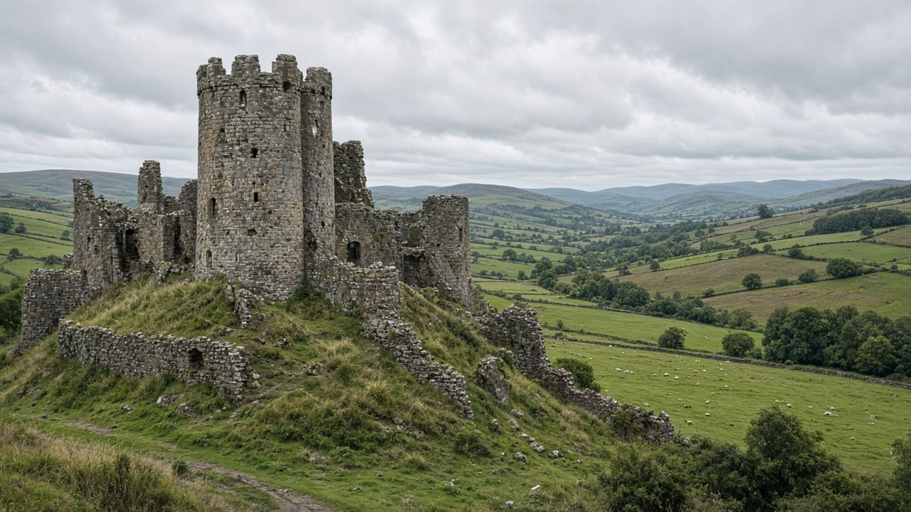 A ruined grey stone castle with a tall round keep on a hill above a green Welsh valley