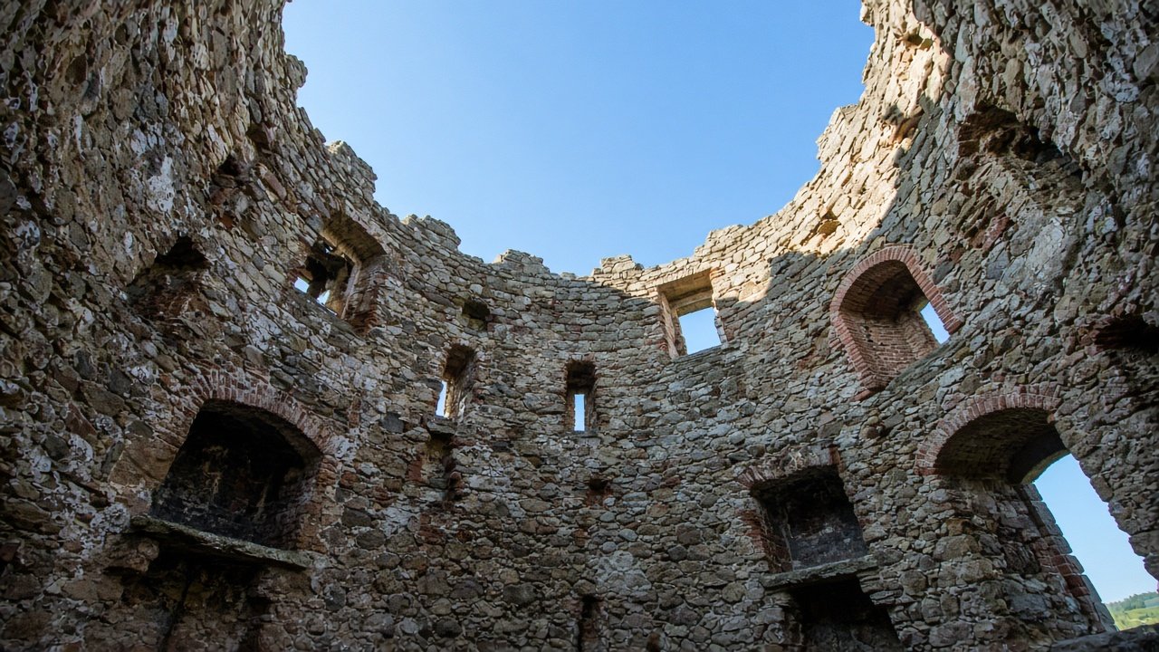 Looking up inside a roofless round castle tower in Wales towards the sky