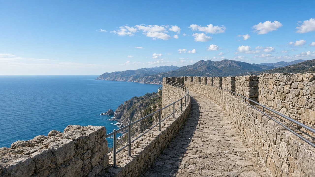 A stone wall-walk along a castle curtain wall with views of sea and mountains