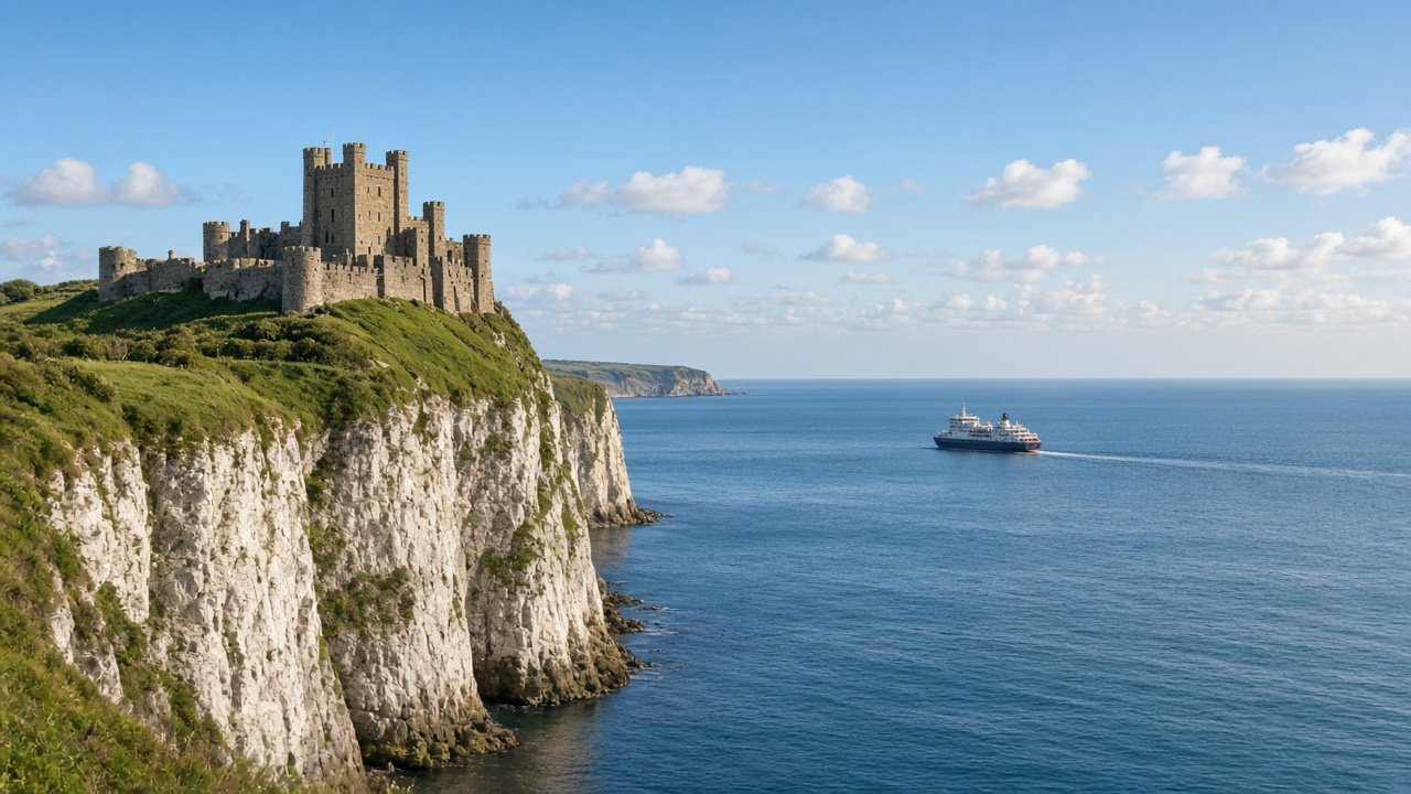 A stone castle above white chalk cliffs overlooking the sea