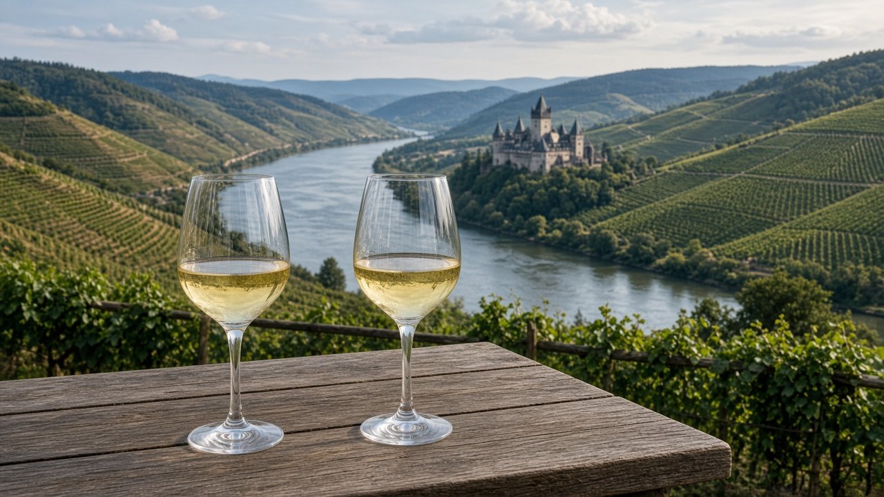 Two glasses of white wine on a terrace overlooking vineyards and a river
